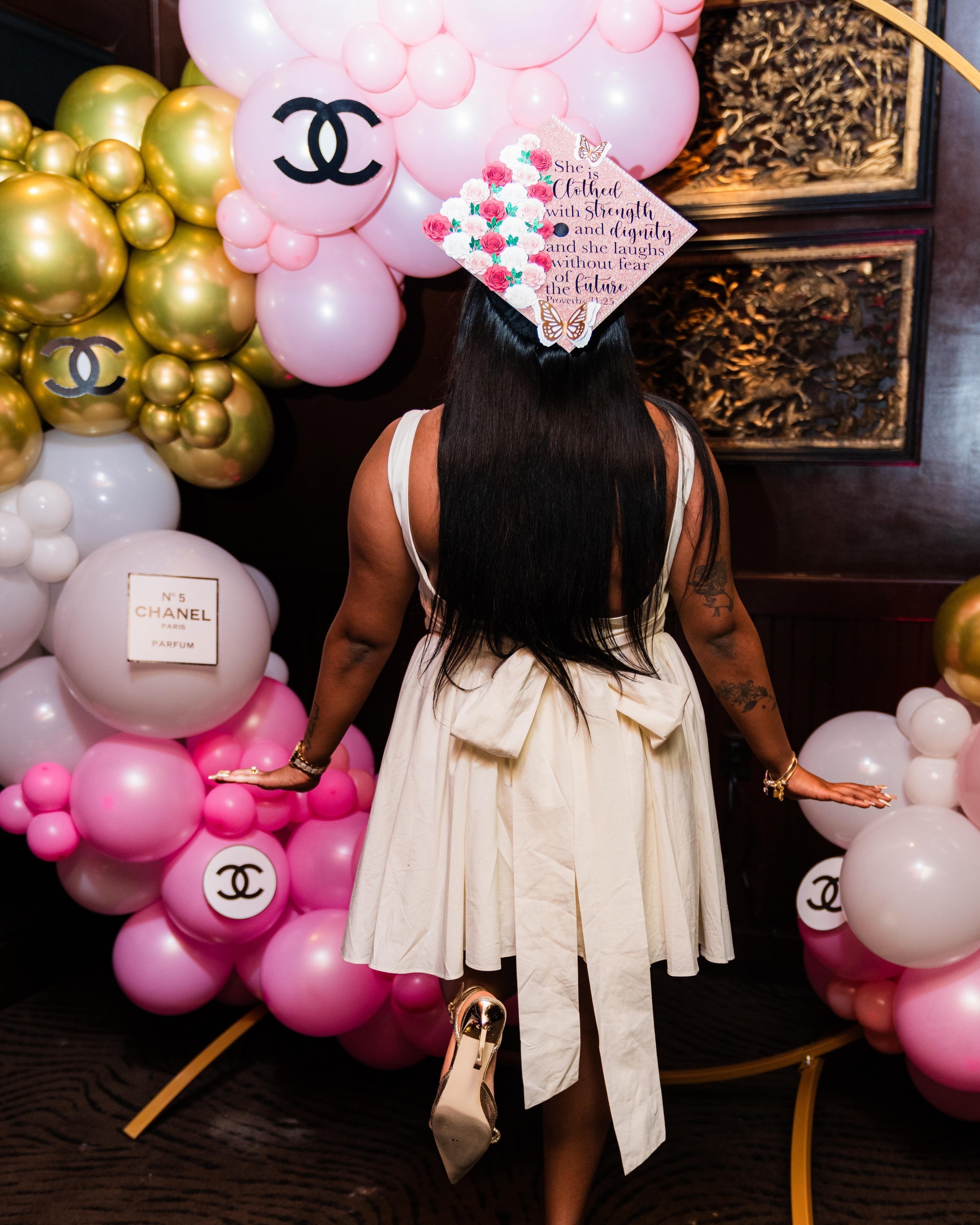 pink and gold Chanel themed graduation balloon hoop display in Atlanta 