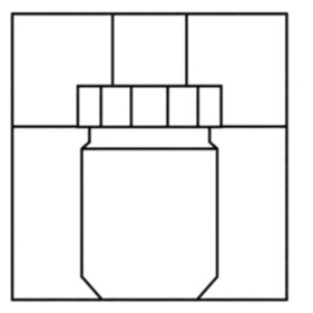 Geometric drawing of an outline square with sections divided by vertical, horizontal, and circle lines.