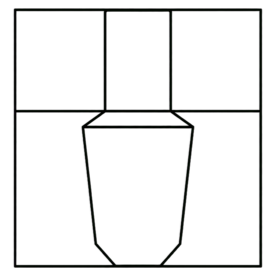 Geometric drawing of an outline square with sections divided by vertical, horizontal, and diagonal lines.