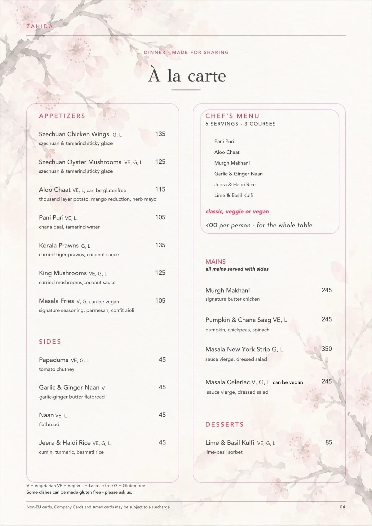 Zahida à la carte menu – appetizers, mains, sides, desserts and chef's menu