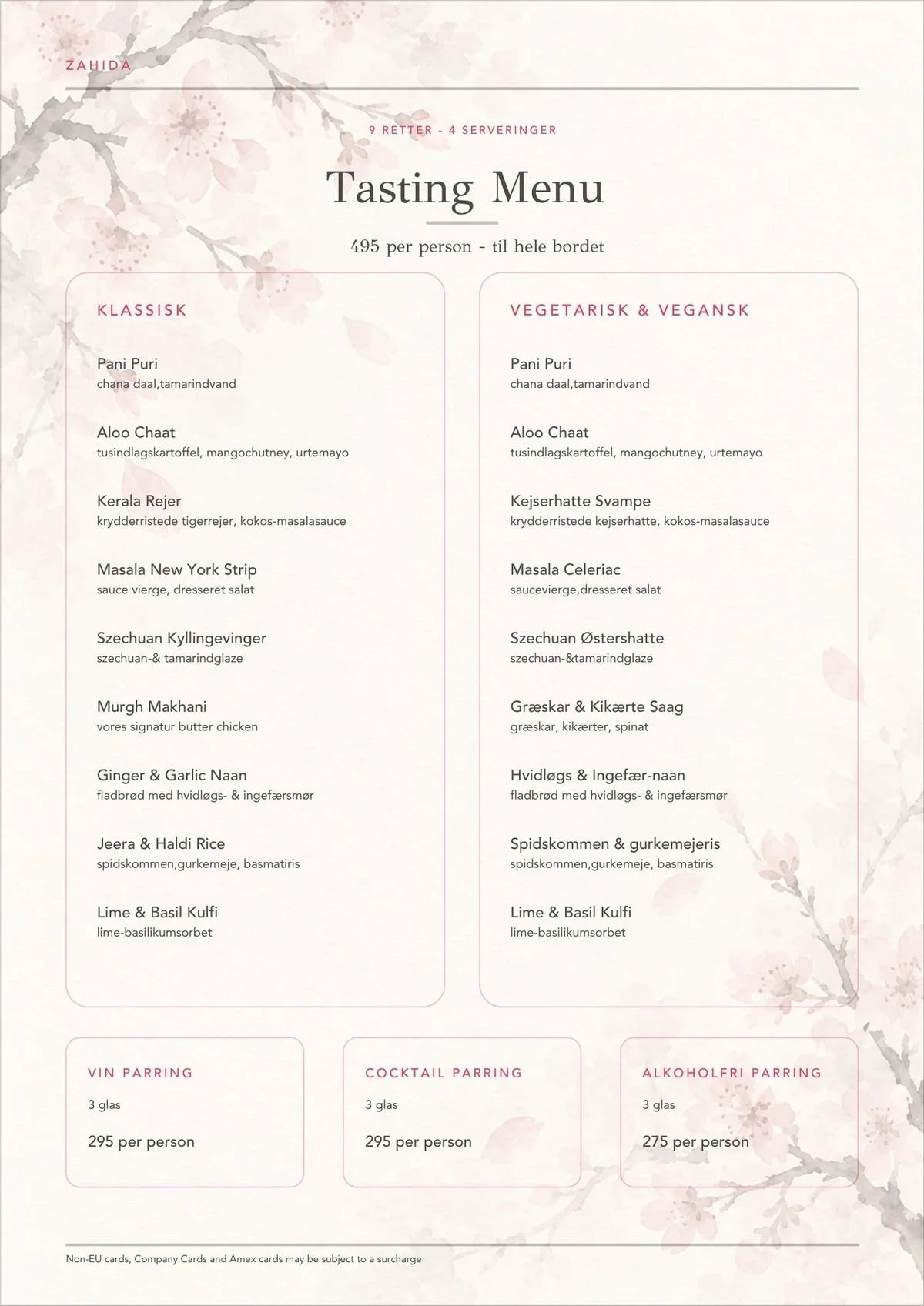 Zahida tasting menu – klassisk og vegetarisk & vegansk, 495 kr. pr. person