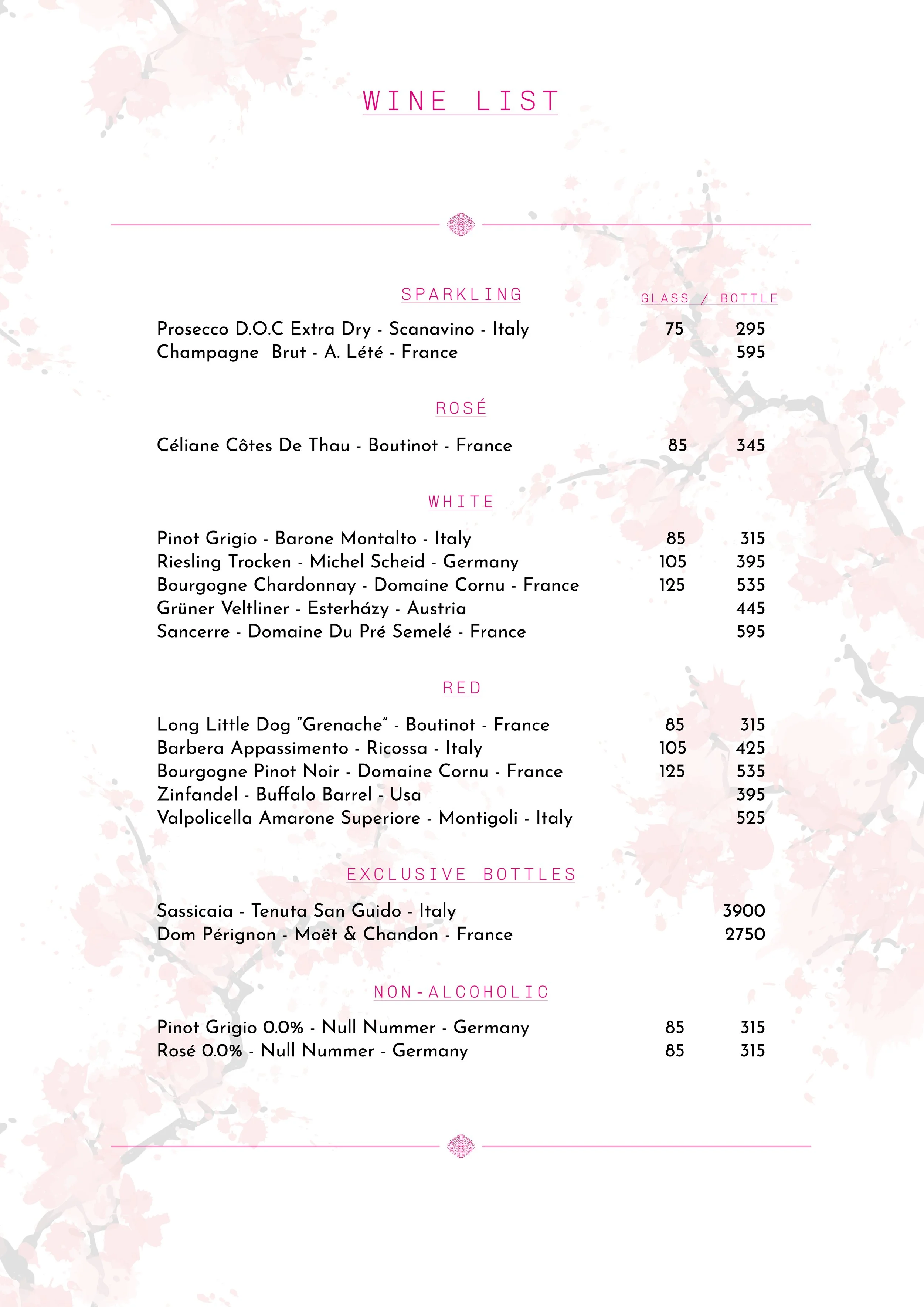 Wine list menu featuring categories for sparkling, rosé, white, red, exclusive bottles, and non-alcoholic options, with specific wines and prices listed.