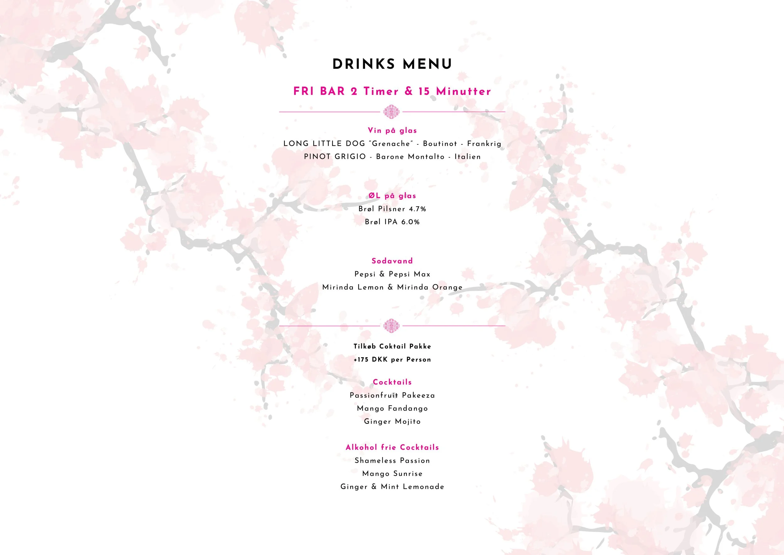 A drinks menu with various beverage options, including wine, beers, sodas, cocktails, and non-alcoholic cocktails, against a light floral background.