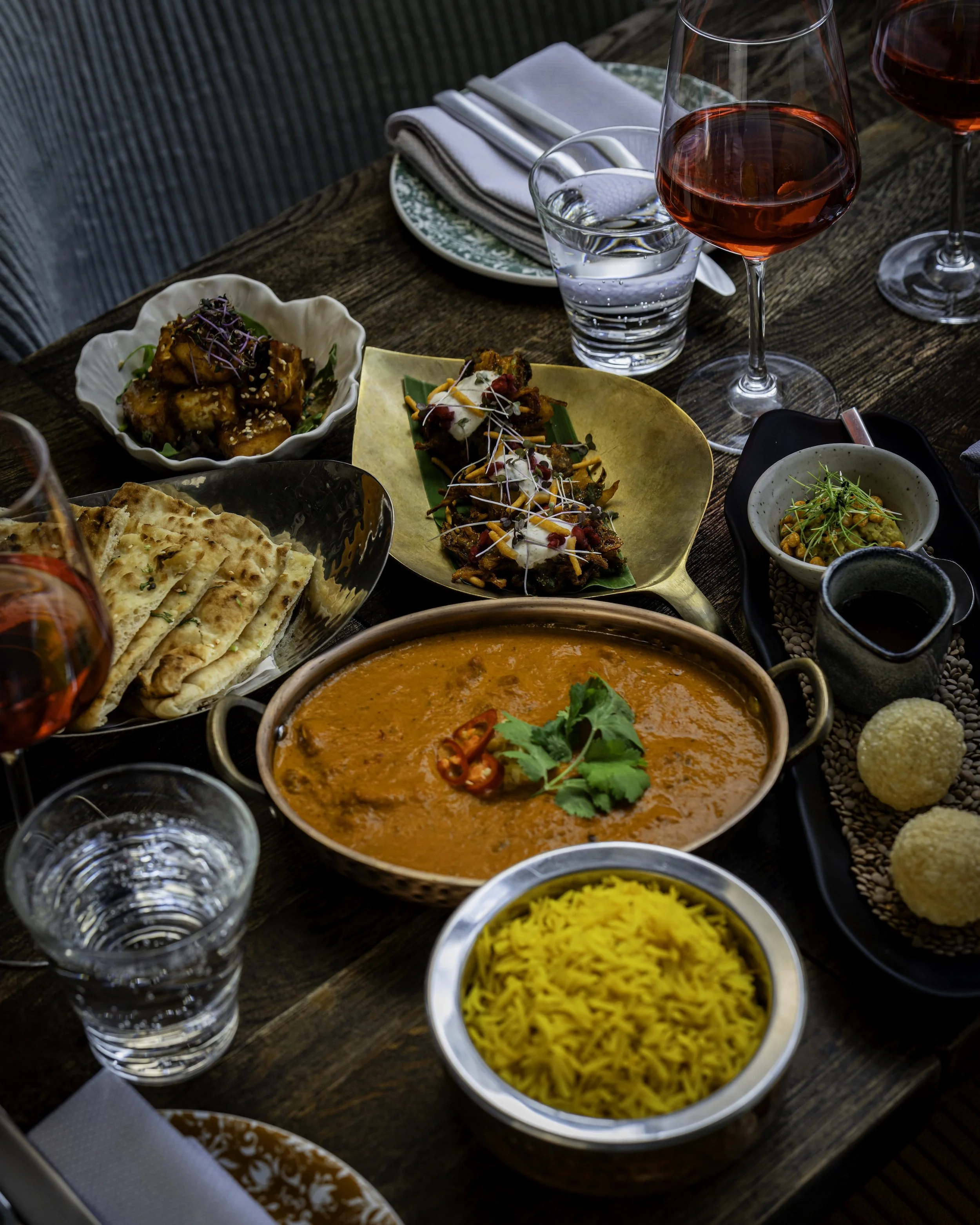 Vegetarian and vegan dishes at Zahida Indian-Pakistani restaurant in Copenhagen, including turmeric rice and spiced starters