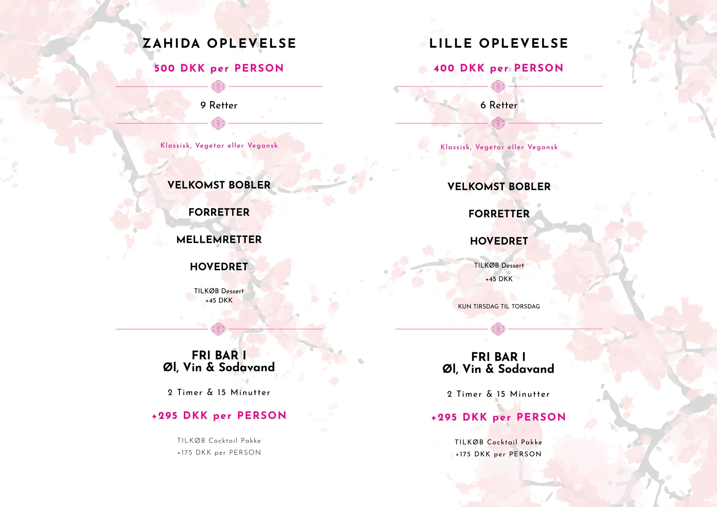 Comparison of two menu options for a dining experience, each with prices, menus, and additional costs in Danish kroner, against a soft pink floral background with cherry blossom motifs.