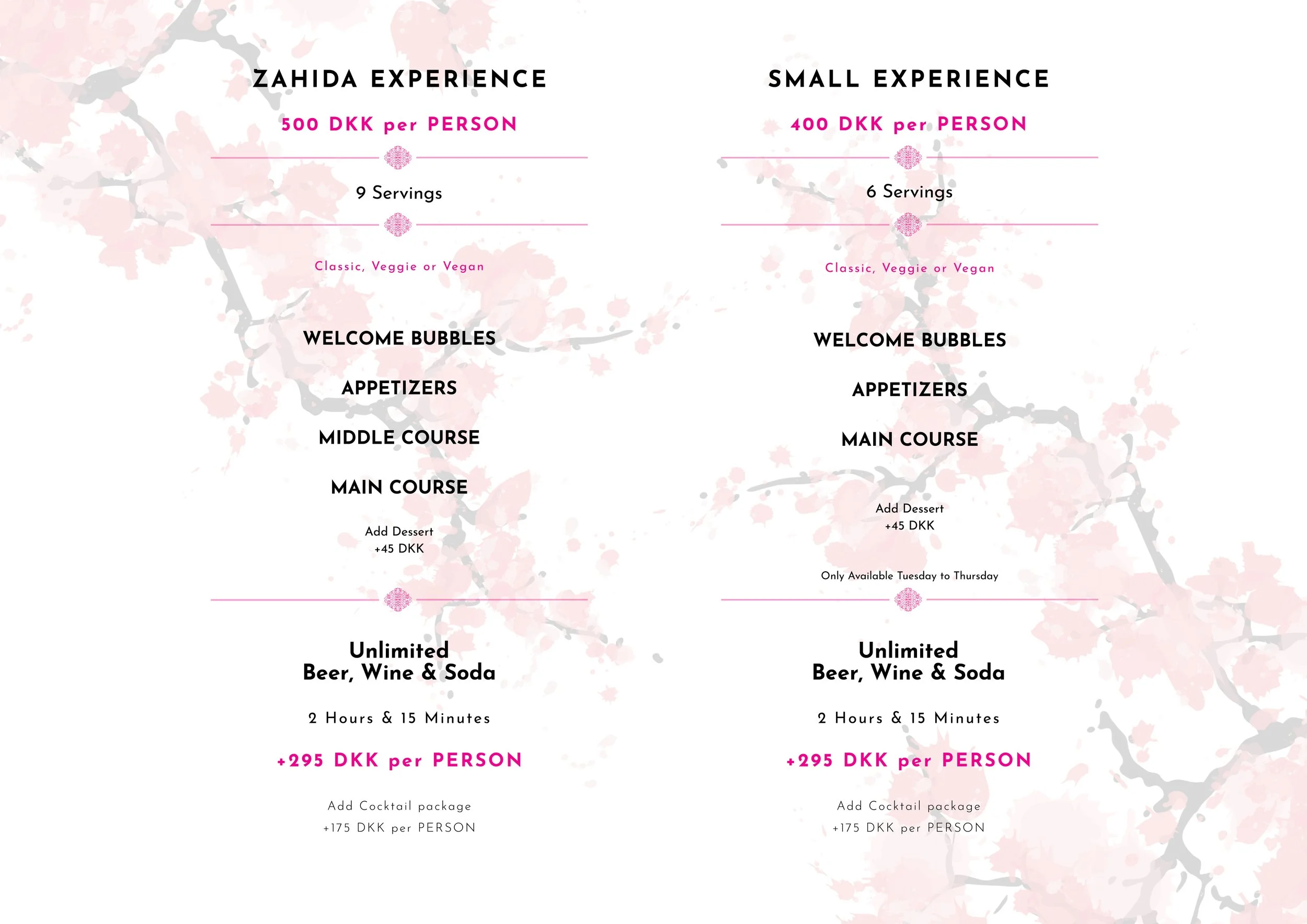 Price list for Zahida Experience and Small Experience, with details about servings, dietary options, and additional costs for desserts, cocktails, and drinks, set against a pink floral background.