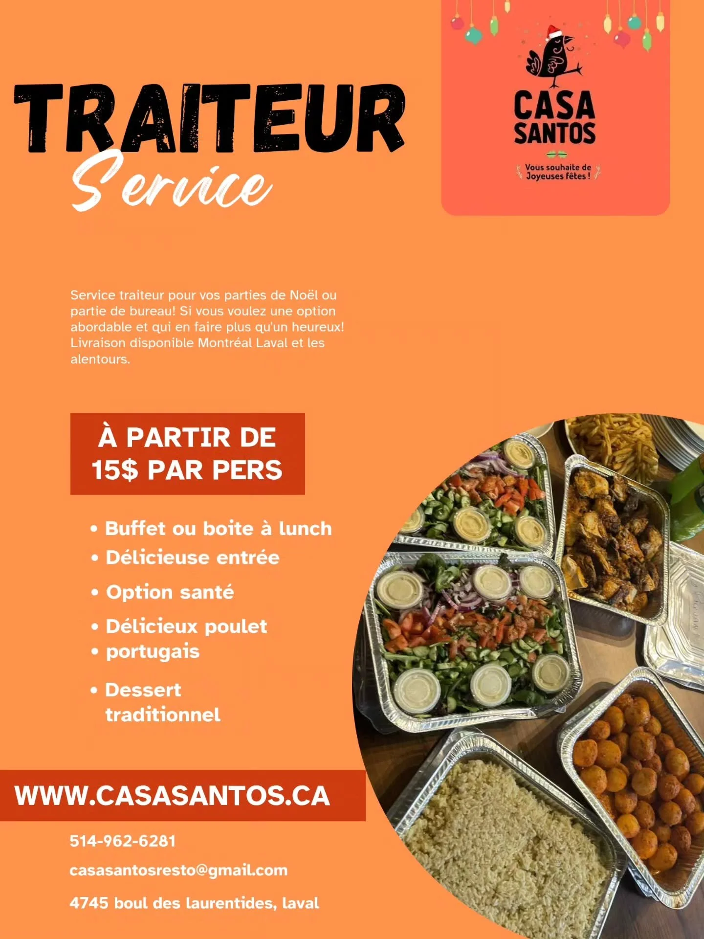 🔥 Les partys s&rsquo;en viennent et Casa Santos est l&agrave;! 🇵🇹💃

Que ce soit pour ton bureau, ta gang ou ta famille &mdash; on s&rsquo;occupe de tout!
Poulet portugais, patates dor&eacute;es, salade fra&icirc;che, riz parfait, dessert maison&h