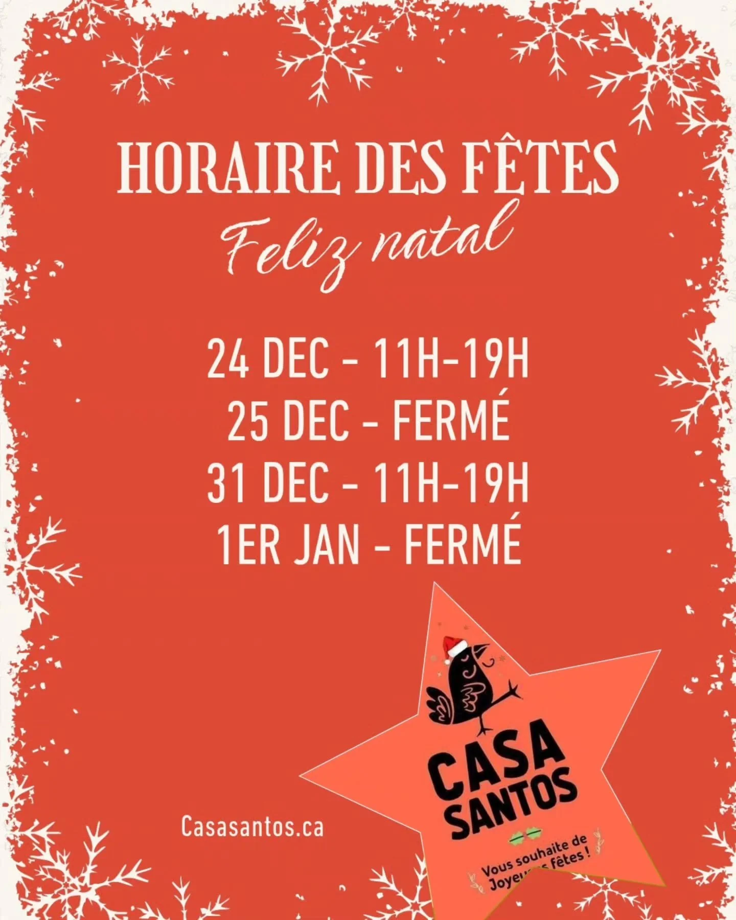 Veuillez prendre note que nous serons ferm&eacute;s le 25 d&eacute;cembre et le 1er janvier 2026. 🎅🤶🧑&zwj;🎄