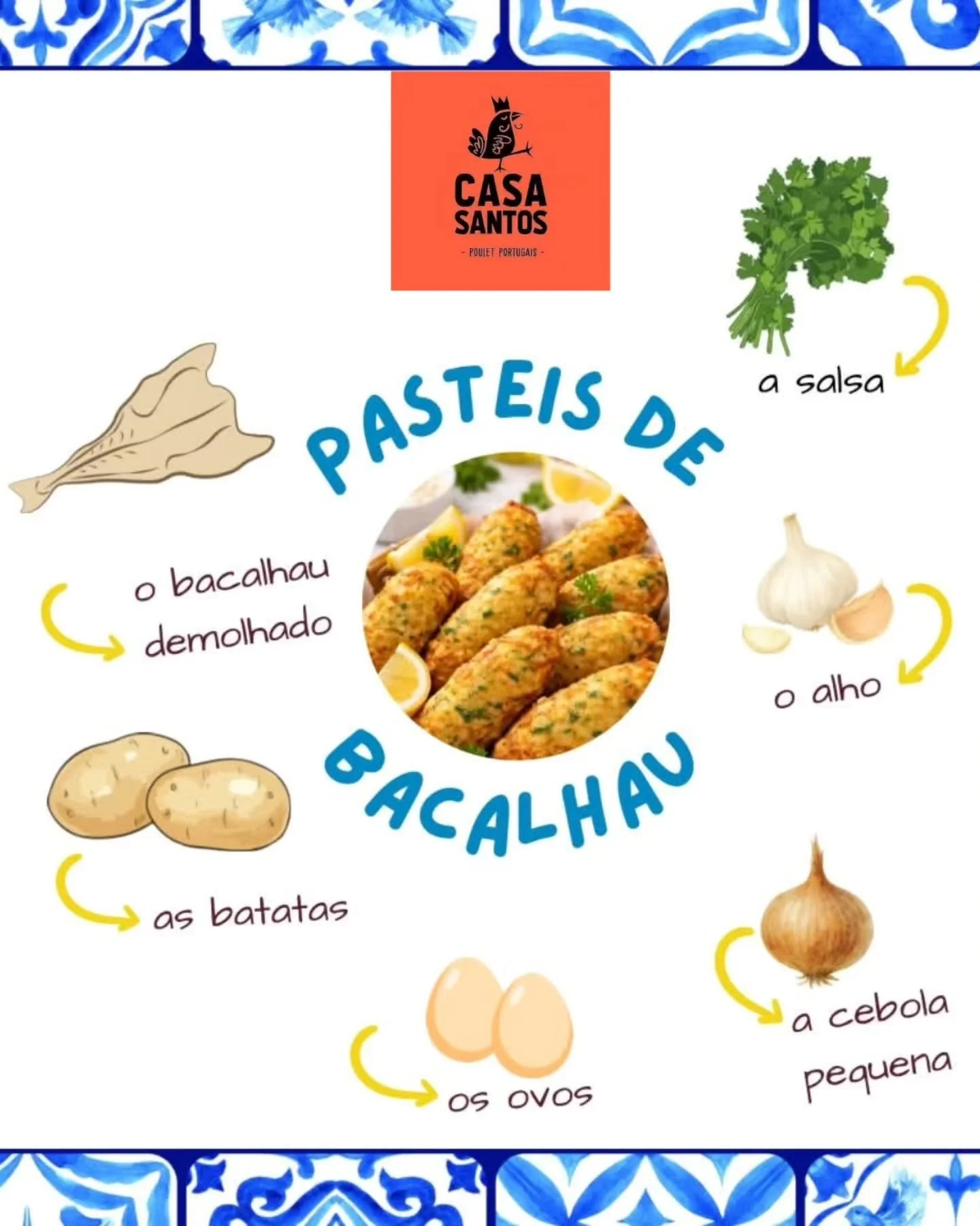 🇵🇹 Les pasteis de bacalhau, c&rsquo;est quoi?
Ce sont des beignets (croquettes) de morue (bacalhau), pommes de terre, &oelig;ufs, ail et fines herbes. Pr&eacute;parer en quenelle et frits jusqu&rsquo;&agrave; &ecirc;tre bien dor&eacute;s et crousti