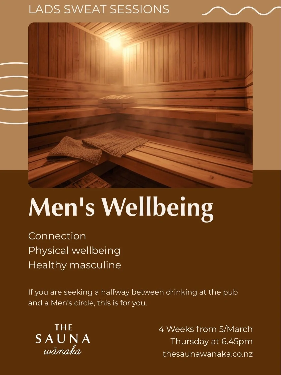 Not a gym. Not a bar. Not a therapists couch. 

Lads Sweat Session is something different - and there are only 3 spots left. 

4 weeks of men&rsquo;s wellbeing starting THIS Thursday at 6.45pm.

Grab a spot. Join in.

#menshealth #menswellbeing #saun