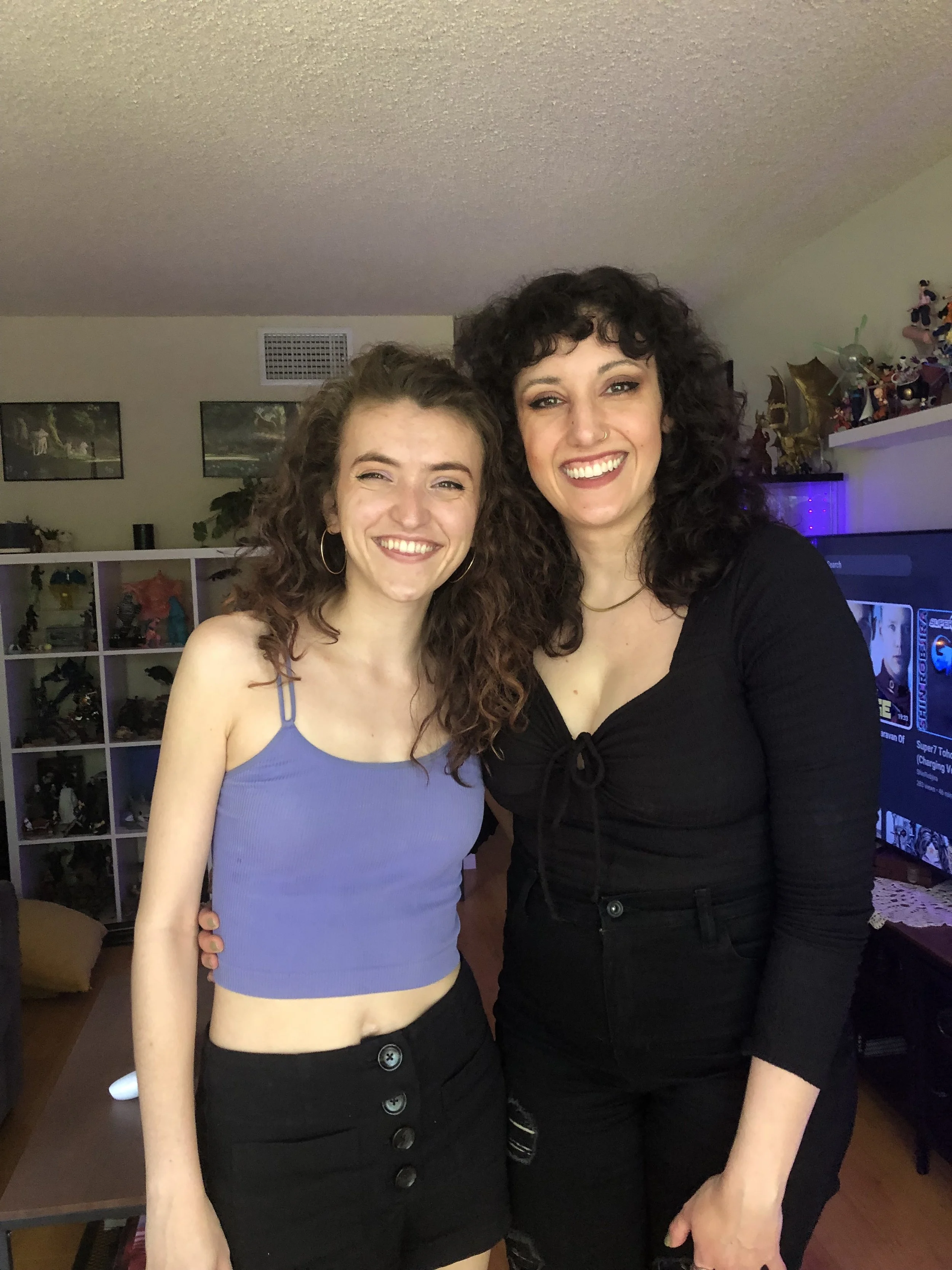 Chelsea Beller and Katie Hettenbach (Katie Afraidy) smiling at the camera after an interview on the Horror Babe Show at Chelsea's home