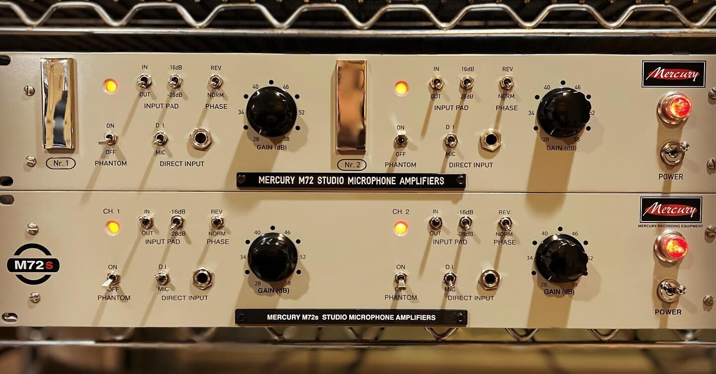Mercury Recording Equipment - M72s studio microphone amplifiers. Top = The mercury M72s -CSV (custom shop version) which is soon to be discontinued. This has aesthetic homage paid to the original Telefunken Siemens V72 modules. The bottom = our lates