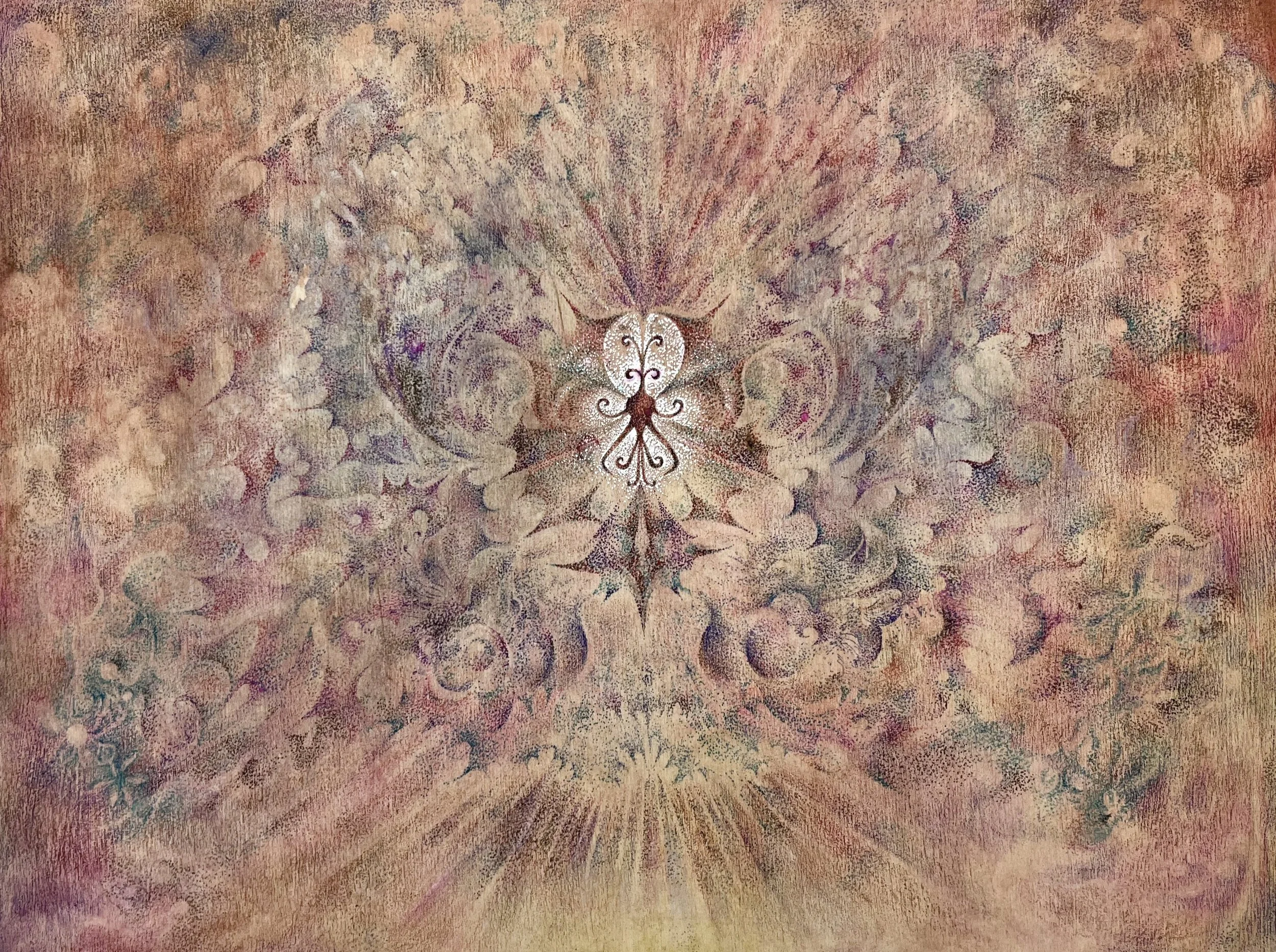 Sutura Roja, Watercolor and colored pencil on Cradled wood panel, 2026