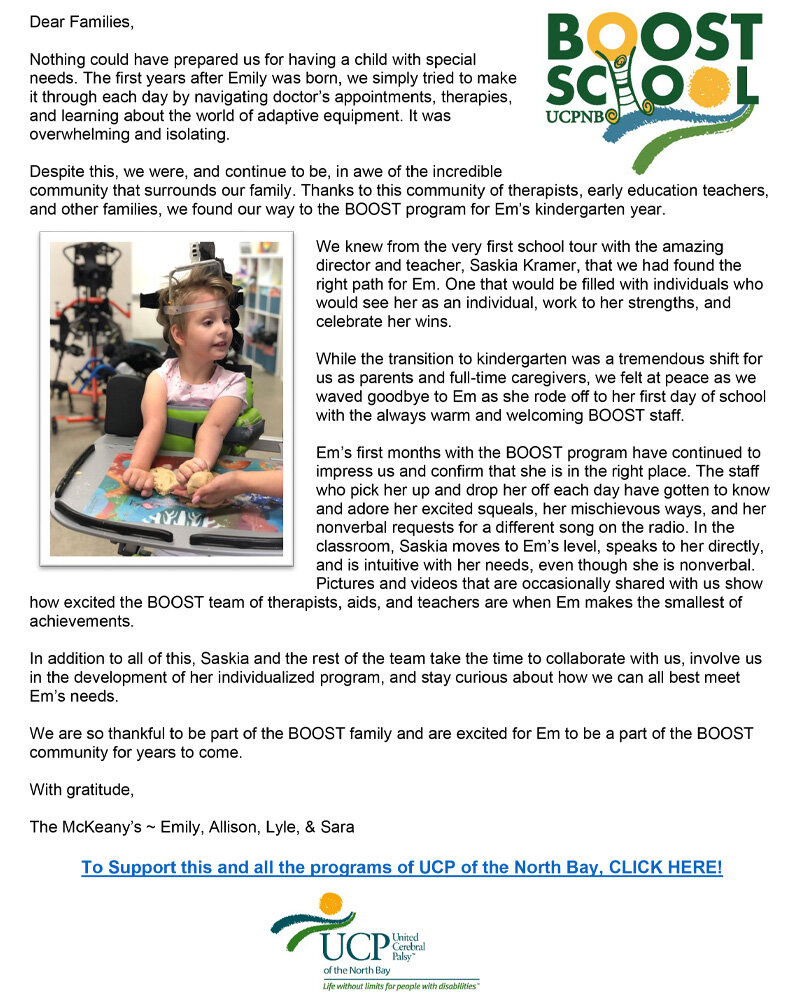 Letters of gratitude from our BOOST and Cypress School families, UCPNB End Of Year Ask
https://www.ucpnb.org/about-us/annual-reports
Hello friends and families, please take a moment to read this letter of gratitude and all of our incredible achieveme