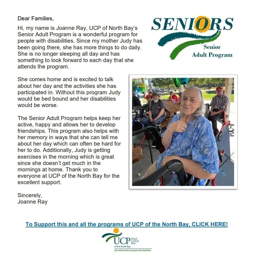 A Letter of gratitude from a Seniors Adult Program  family, UCPNB End Of Year Ask
https://www.ucpnb.org/about-us/annual-reports
Hello friends and families, please take a moment to read these letters of gratitude and all of our incredible achievements