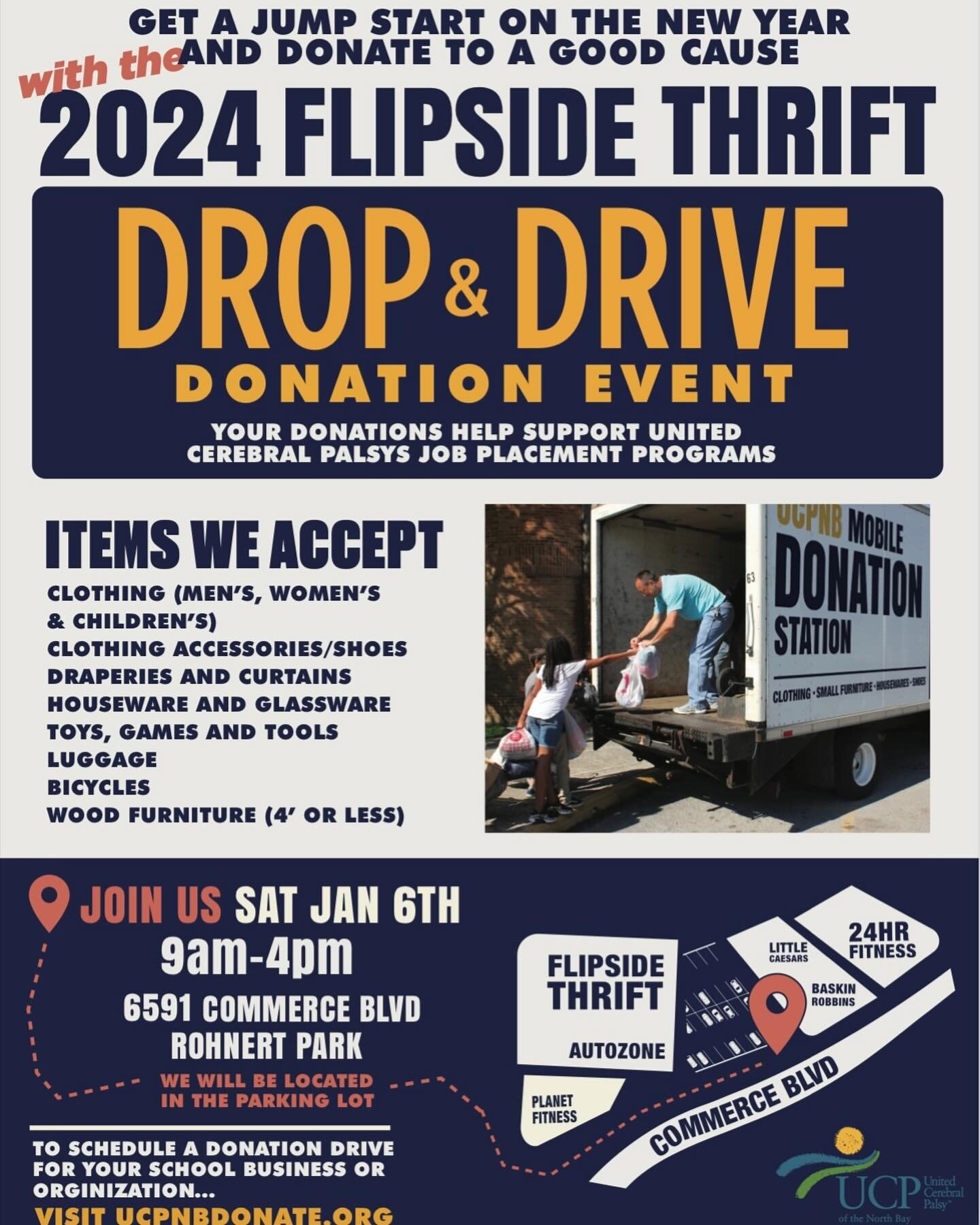 Get a jump on your New Year purge and drive thru our Flipside Thrift parking lot at 6591 Commerce Blvd this Saturday January 6th from 9am-4pm. See you there! #flipsidethrift