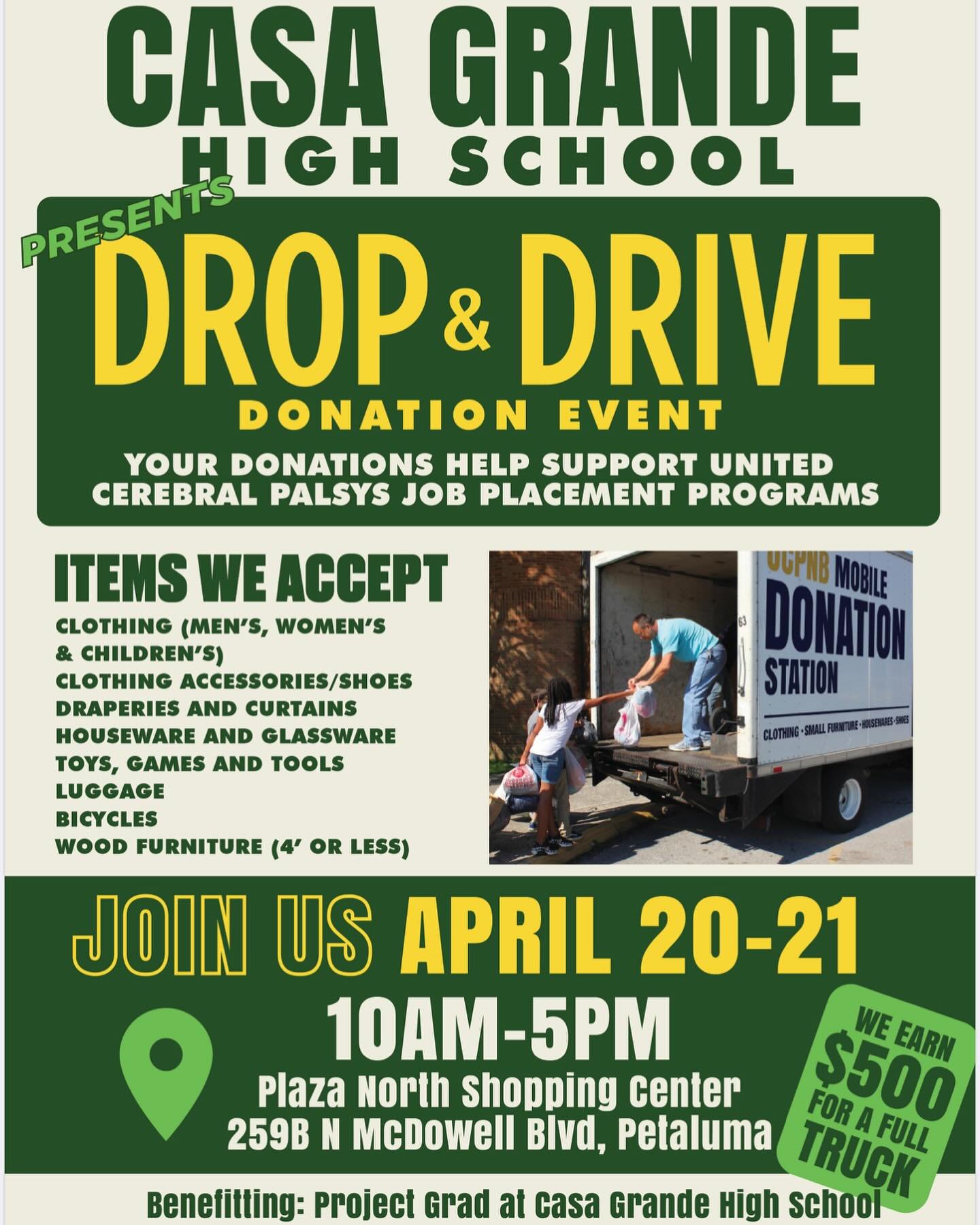 Join Casa Grande High School this weekend for a Donation Drive at Plaza North Shopping Center, 259 N McDowell Blvd, Petaluma! 🌟 Your support benefits their Project Grad. Let&rsquo;s come together and make an impact! #casagrande #projectgrad