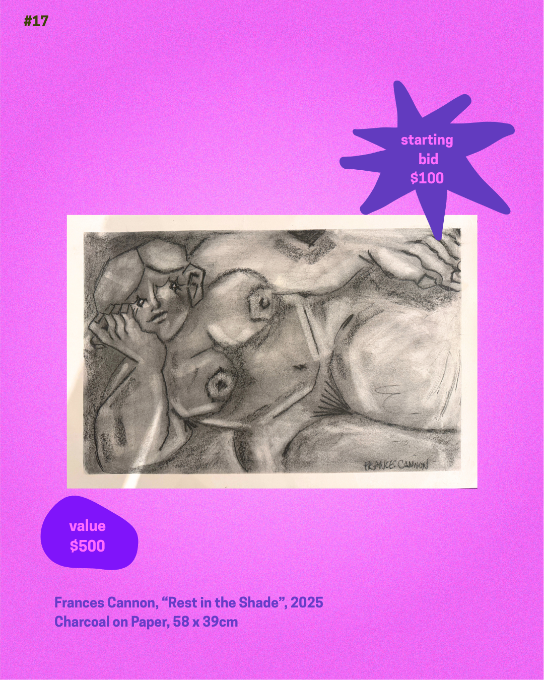 Item 17. Frances Cannon, Rest in the Shade, Charcoal on paper. Starting bid $500