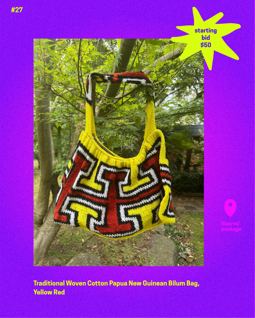 Item 27. Traditional Woven Cotton Papua New Guinean Bilum Bag, Yellow Red