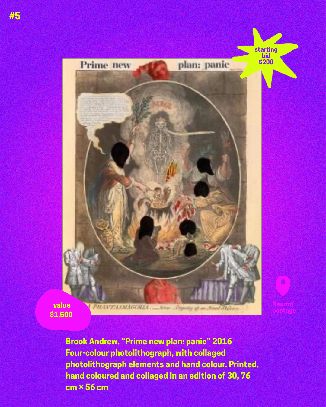 Item 5. Brook Andrew, Prime new plan: panic, Four-colour photolithograph, with collaged photolithograph elements and hand colour. Starting bid $200