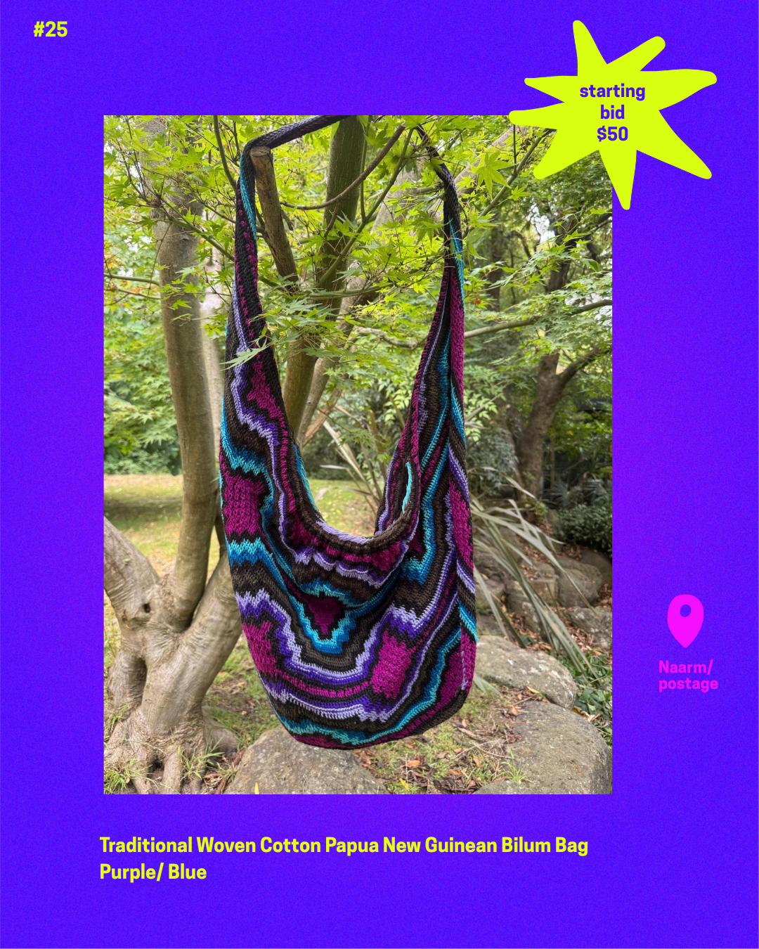 Item 25. Traditional Woven Cotton Papua New Guinean Bilum Bag Purple/ Blue