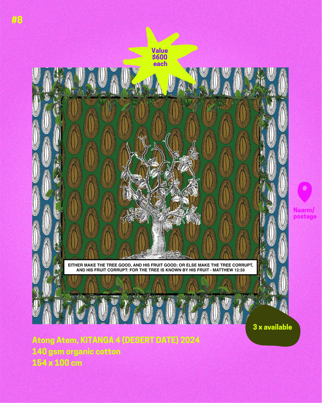 Item 9, Item 8, Atong Atem, KITANGA 5 (SPIT BEADS), organic cotton. 3 x available (top three bids will receive 1 each) value $600