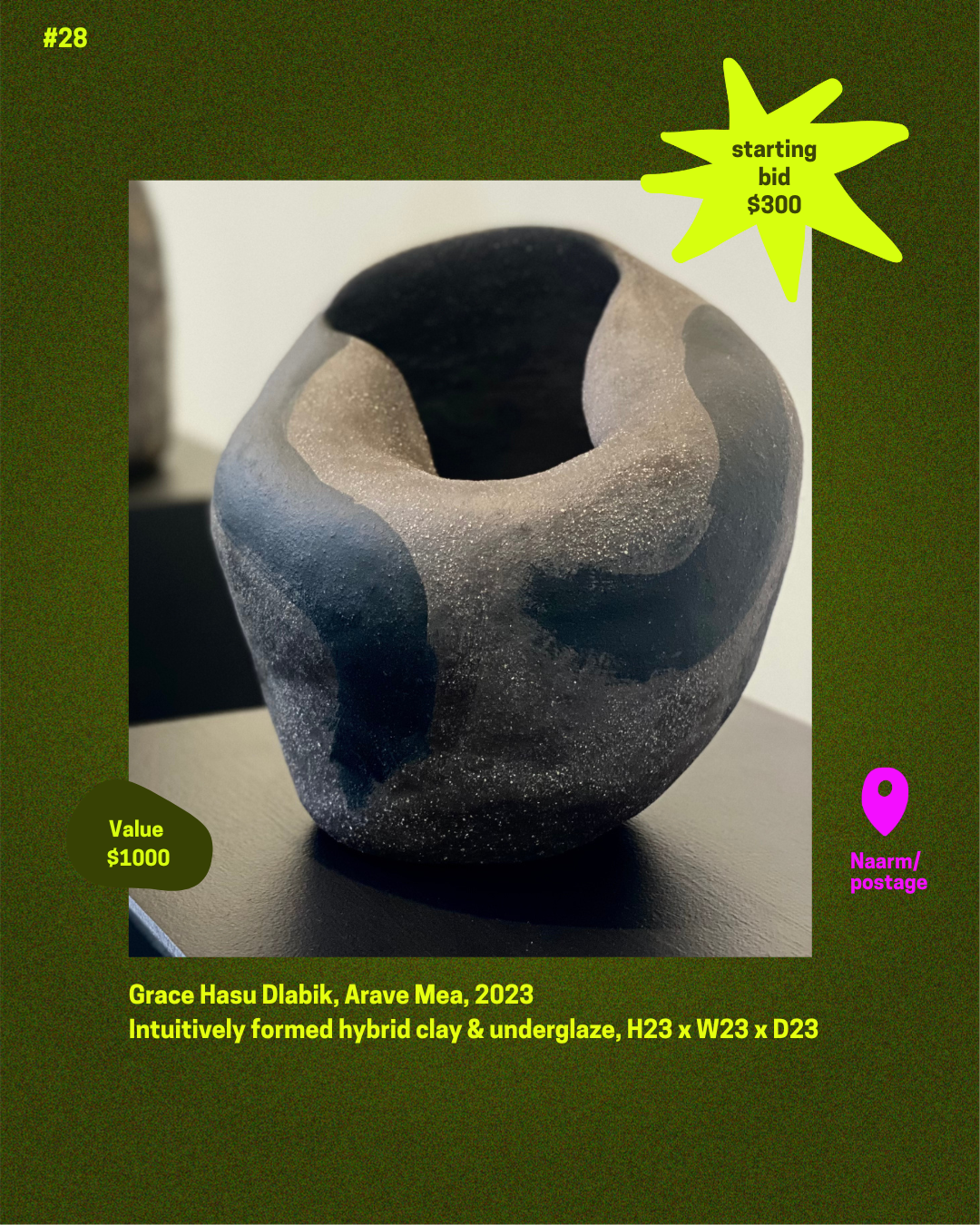 Item 28. Grace Hasu Dlabik, Arave Mea, Intuitively formed hybrid clay & underglaze. Starting bid $300