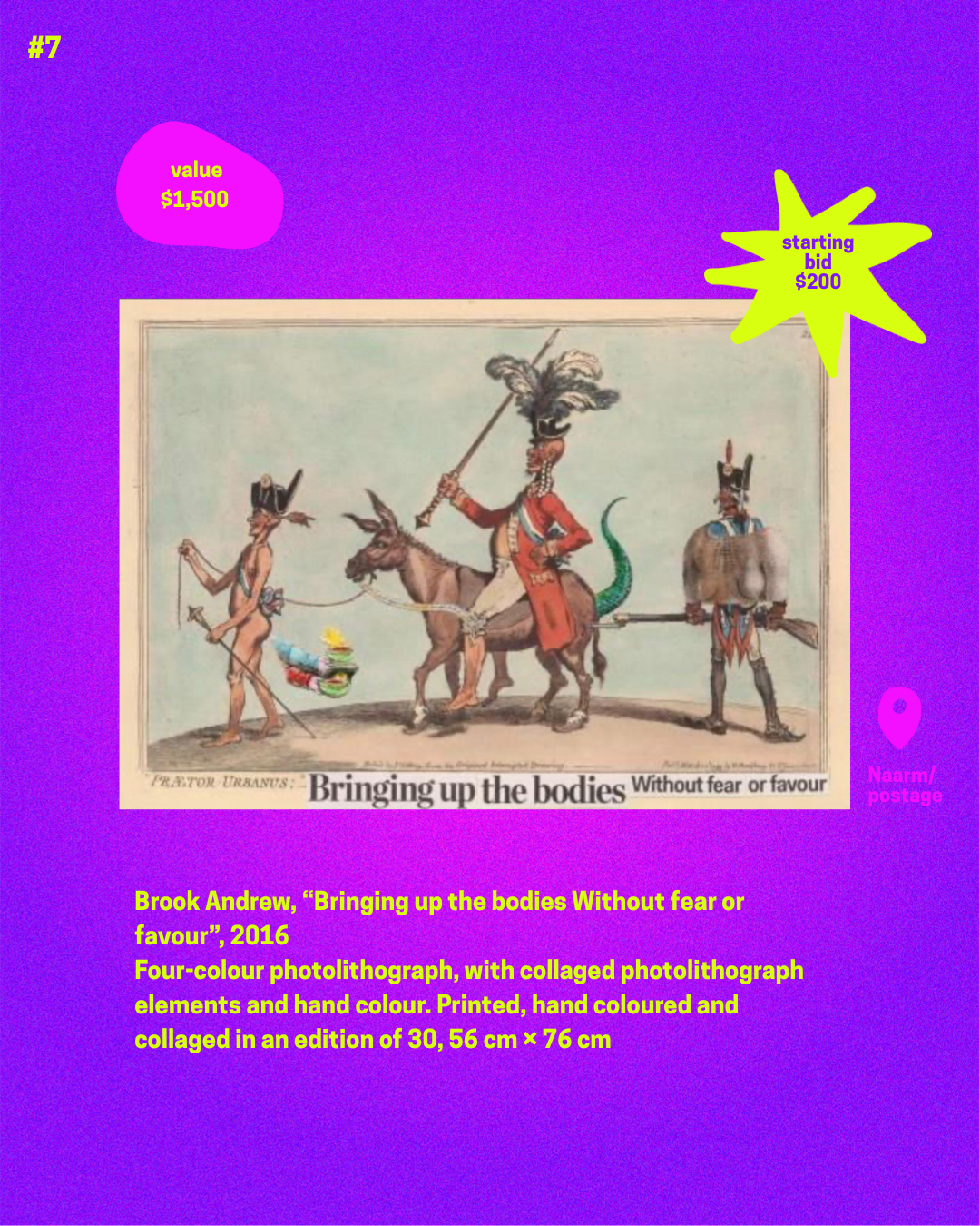 Item 7. Brook Andrew, Bringing up the Bodies without fear, Four-colour photolithograph, with collaged photolithograph elements and hand colour. Starting bid $200