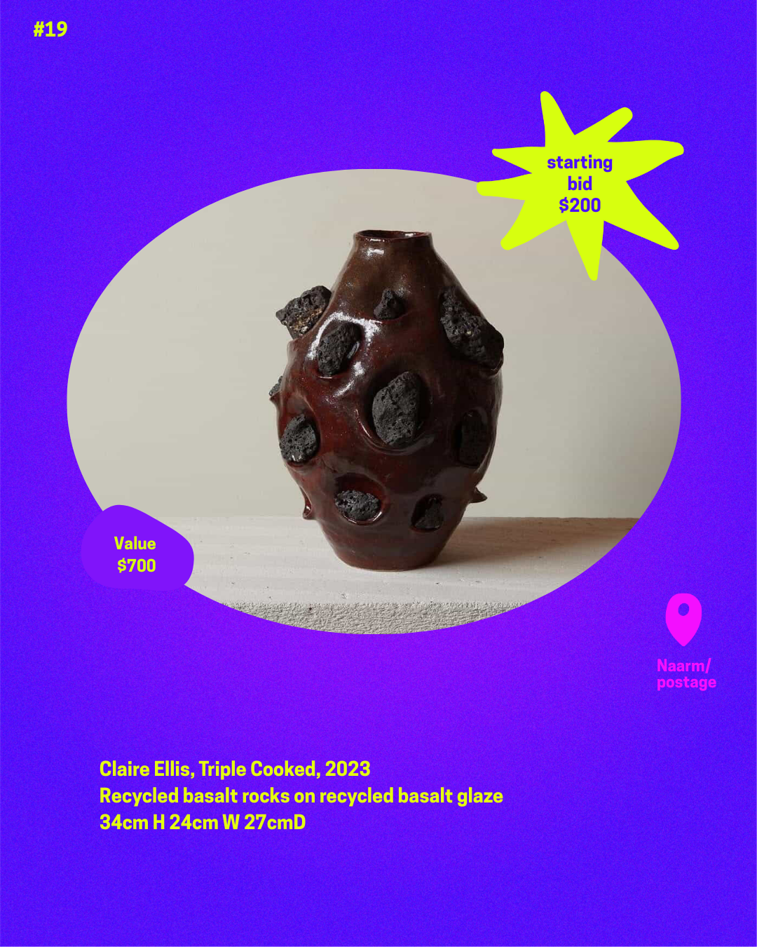 Item 19. Claire Ellis, Triple Cooked, Recycled basalt rocks on recycled basalt glaze. $200