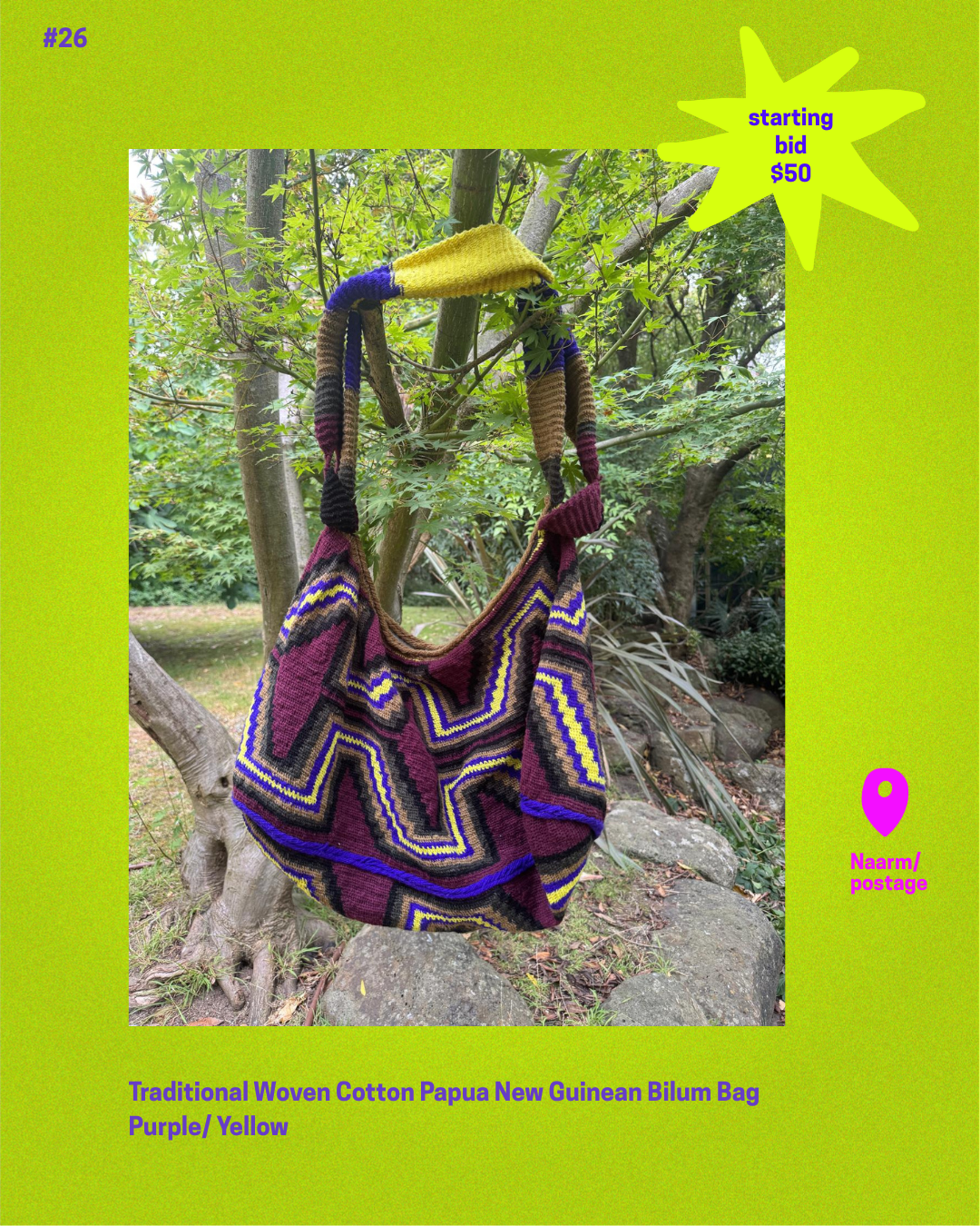 Item 26. Traditional Woven Cotton Papua New Guinean Bilum Bag Purple/ Yellow