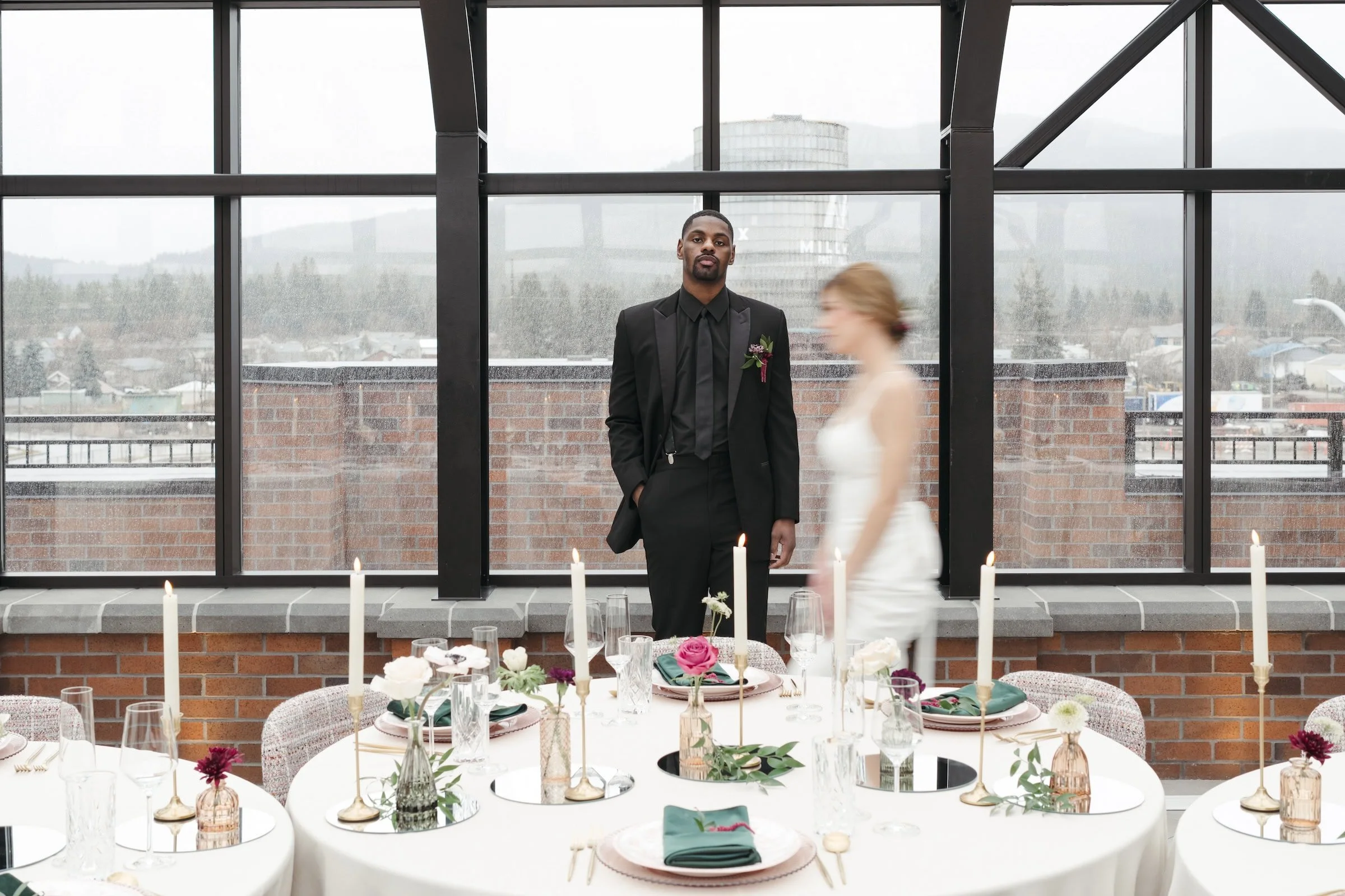 Scottsdale Bride and groom at reception doing their first look in rooftop venue