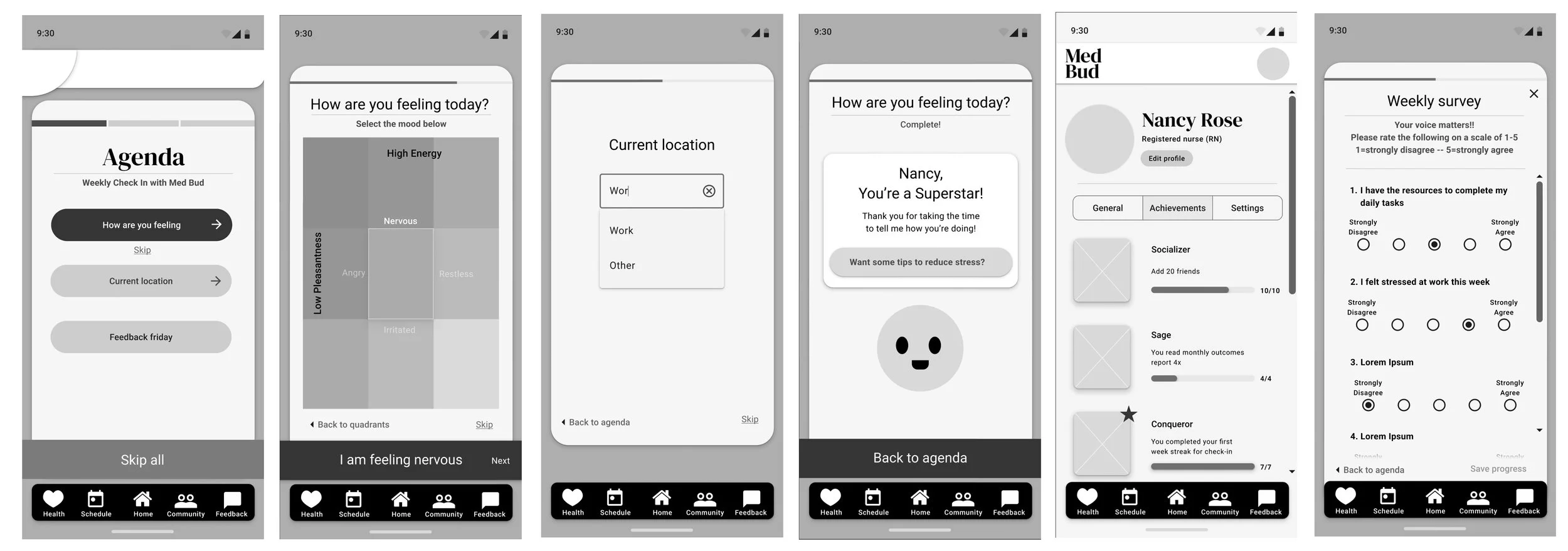 Low Fi Wireframes of Main Flow Pages