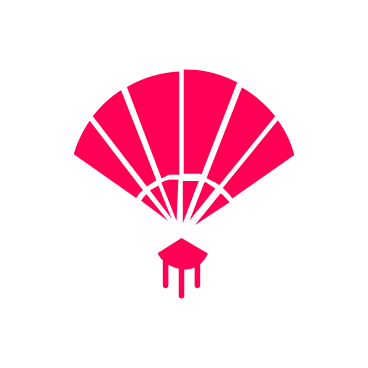 A pink hand-held fan with black outlines and a small house icon at the bottom.