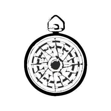 A compass showing north at the top with decorative elements in a black-and-white line drawing style.