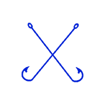 Two crossed blue fishing hooks on a black background.