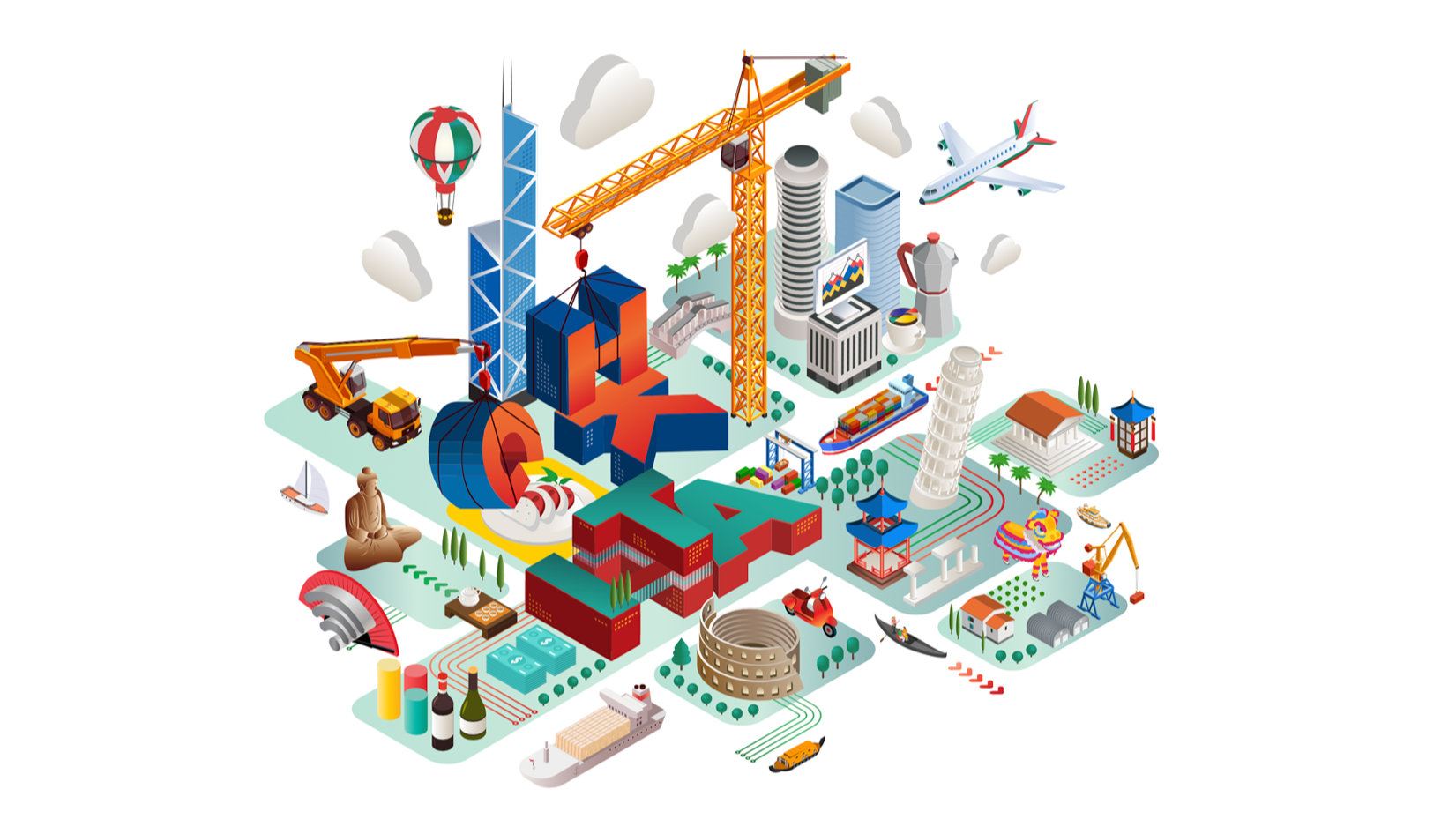 An illustrated cityscape featuring buildings, cranes, an airplane, a boat, a motorcycle, a pagoda, a statue, a ASL sign, a wine bottle, and a variety of urban and cultural elements.
