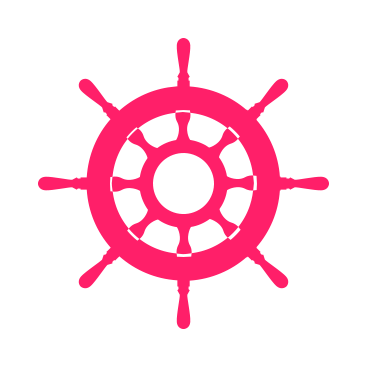 Pink ship's wheel with spokes on a black background.