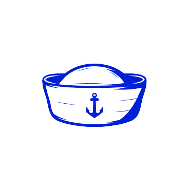 A blue outline of a boat with an anchor symbol on the front.