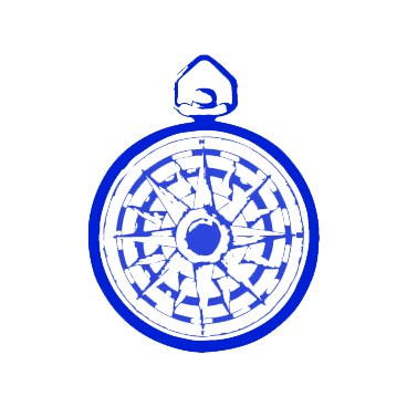 Blue line drawing of a compass with cardinal directions and decorative elements.