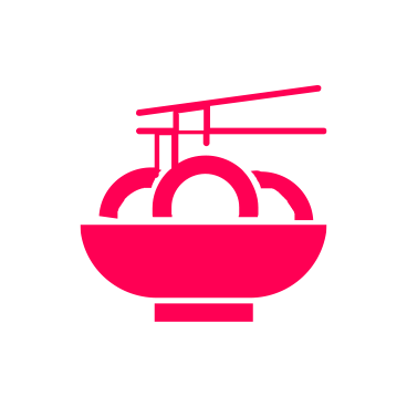 Pink icon of a bowl of ramen with two chopsticks above it.