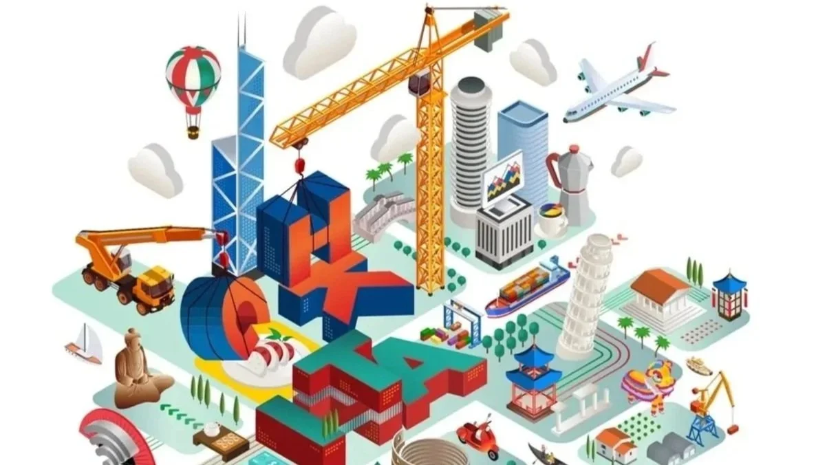 Illustration of a cityscape with skyscrapers, construction cranes, boats, airplanes, and various landmarks.
