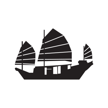 Silhouette of a traditional Chinese junk boat with three sails.