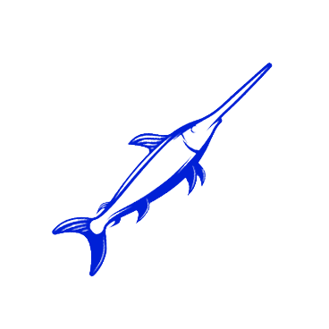 Blue outline of a prehistoric fishing spear with a fish silhouette below it.