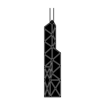 Line drawing of a tall, geometric tower structure against a black background.