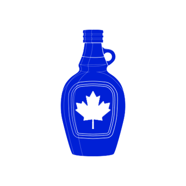 A blue bottle with a maple leaf on it, against a black background.