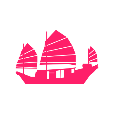 Pink silhouette of a traditional Chinese junk boat with three sails.