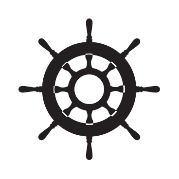 Silhouette of a ship's wheel on a black background.