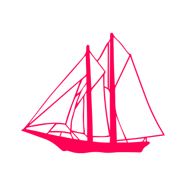 Line drawing of a sailboat with pink lines and black background.