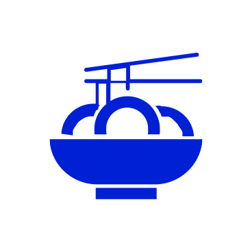 A blue line drawing of a bowl of ramen with chopsticks on top.