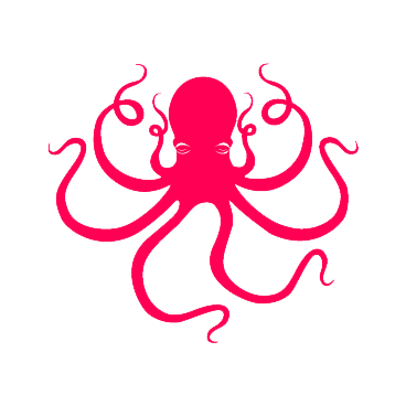 Pink octopus with tentacles spread out on a black background.